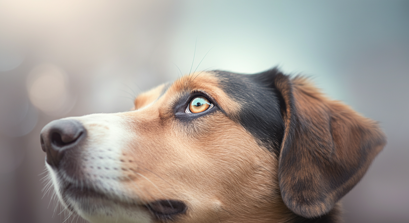 空飛ぶフリスビーを真剣な眼差しで見上げる犬の横顔のクローズアップ