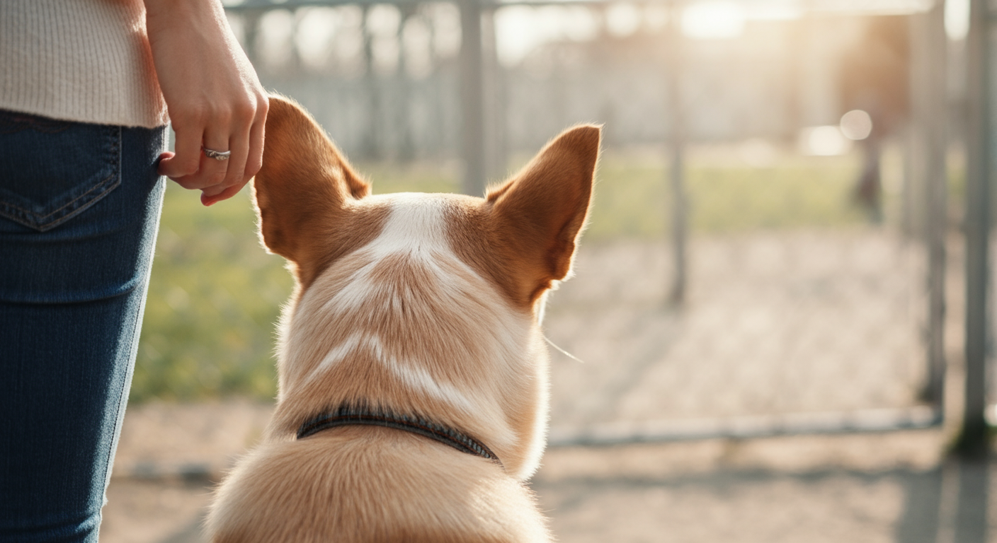 飼い主と犬が、フェンスの外からドッグランの中を眺めている後ろ姿。