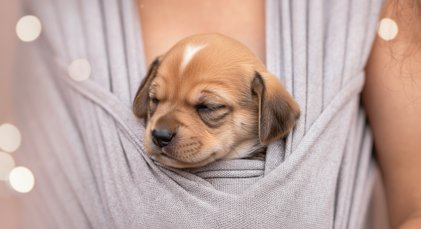 飼い主の胸に寄り添い、スリングの中で安心してうとうとと眠っている子犬のクローズアップ写真。