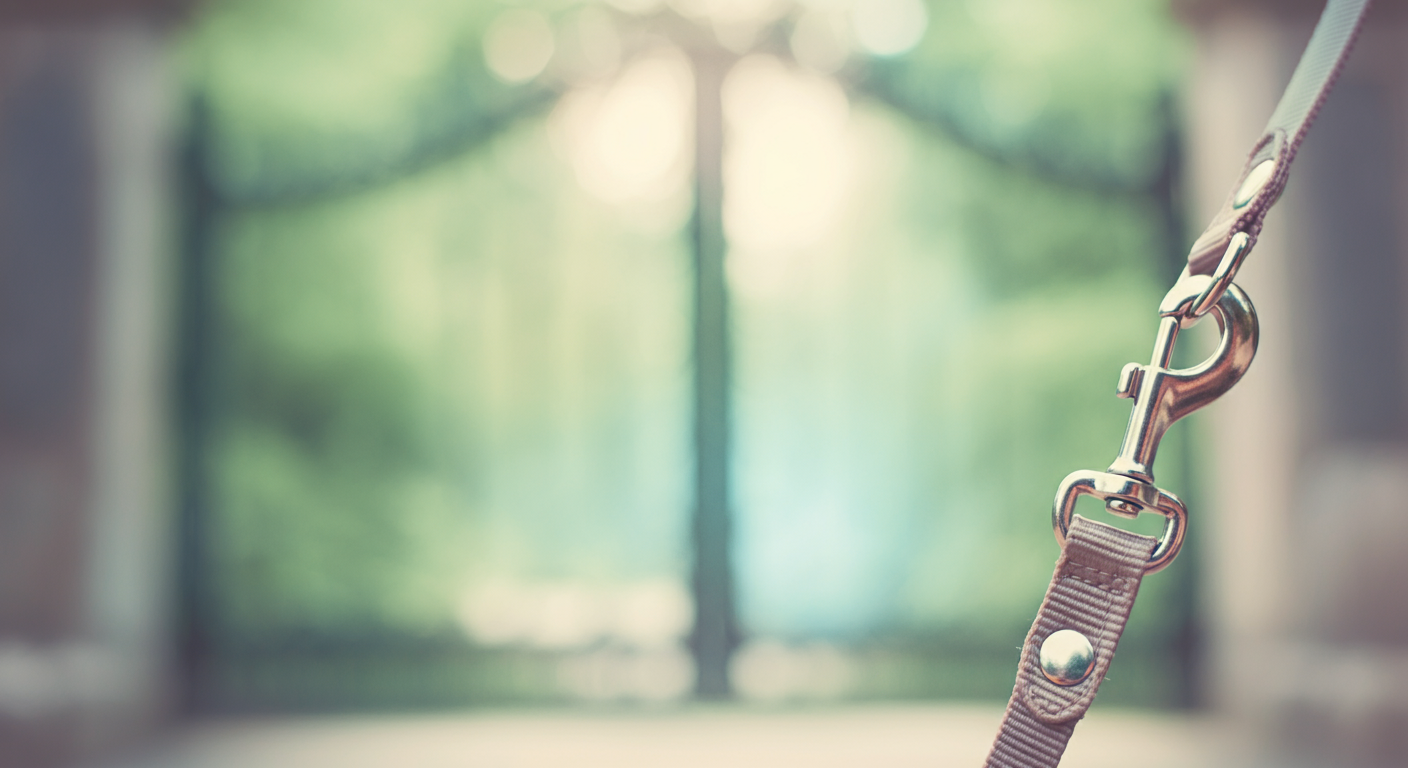 ドッグランの入り口を背景に、リードの金具がクローズアップされた抽象的な写真。