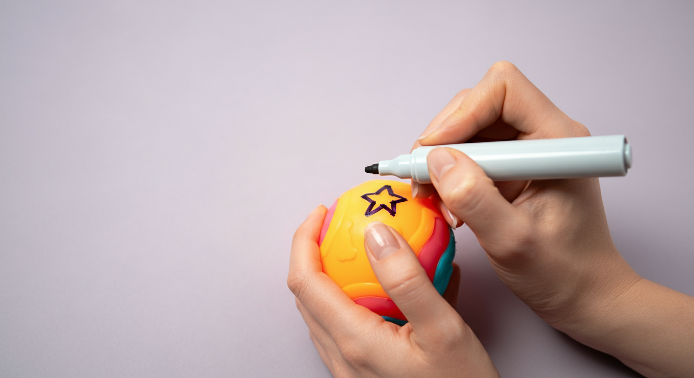 犬用のボールに無害なマーカーで星のマークを描いている手のクローズアップ。