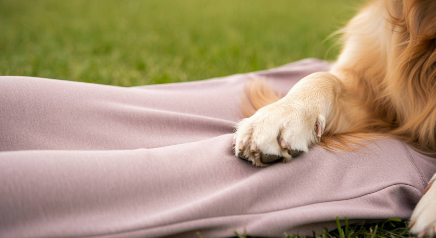 伸縮性のあるパンツの生地に、ゴールデンレトリバーの足がそっと置かれている様子。