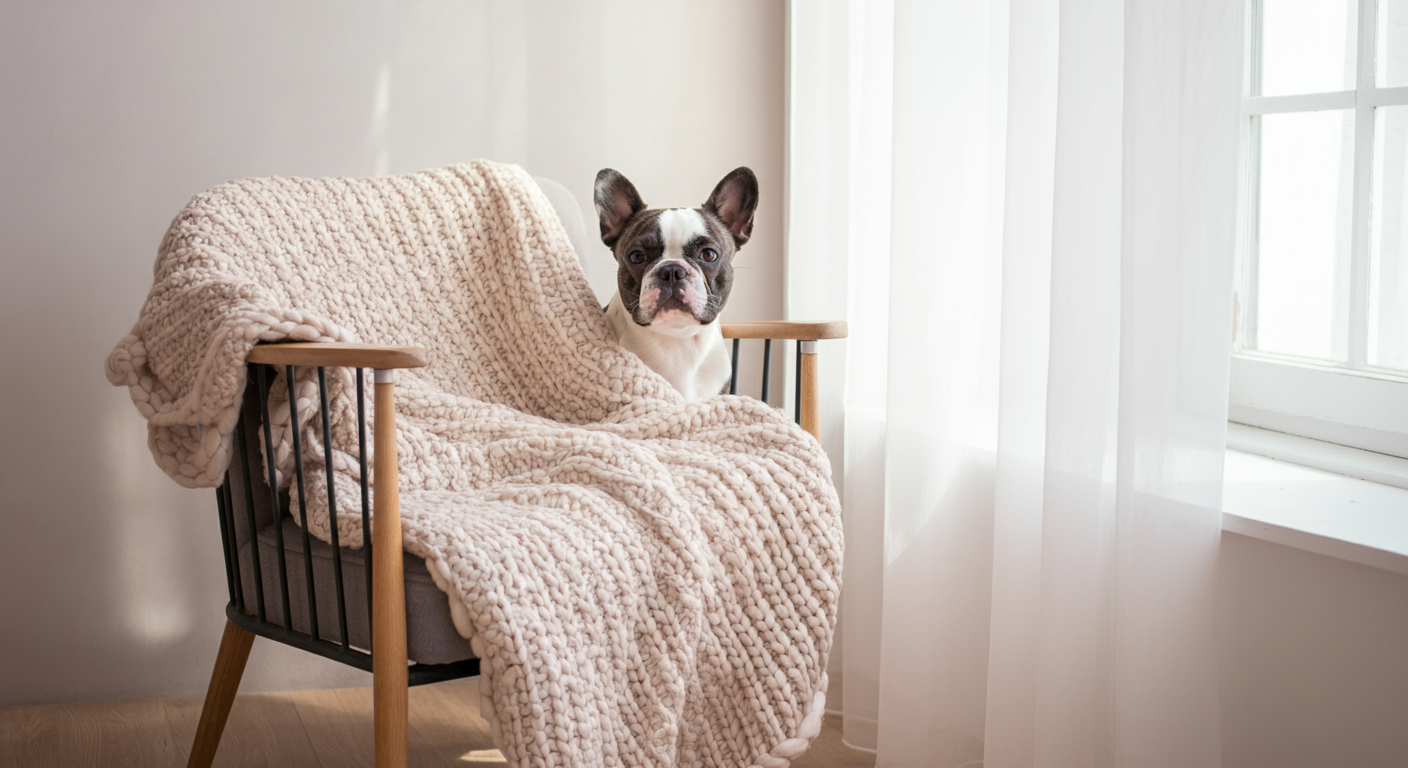 窓際に置かれたおしゃれな犬用椅子に、質感の良いブランケットが掛けられている。
