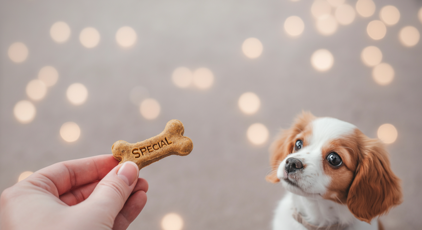 パステルカラーの背景で、人の手が特別な犬用おやつを差し出しているクローズアップ写真。おやつにピントが合っている。