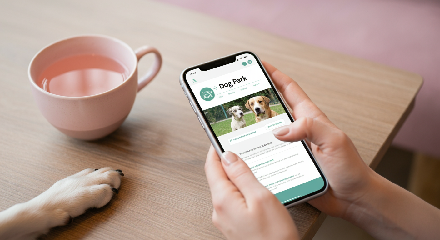 パステルカラーの落ち着いた雰囲気の中、テーブルの上でスマホの画面を見る人と、その横に置かれた犬の足。
