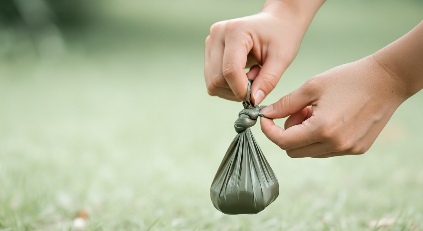 人の手が、使用済みのうんち袋の口をきれいに結んでいるクローズアップ。