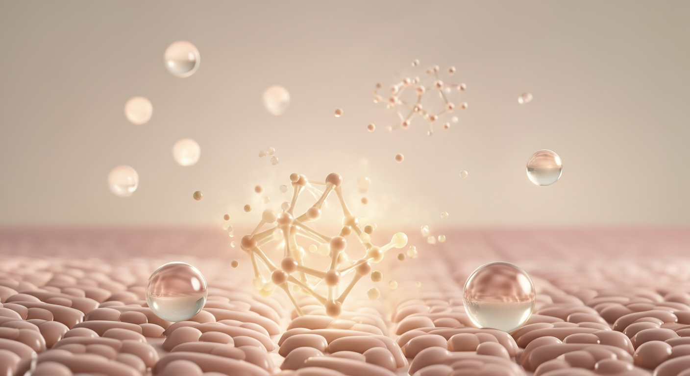 大きな光る図形が、より小さな光る粒子へと分解していく様子を描いた抽象画。