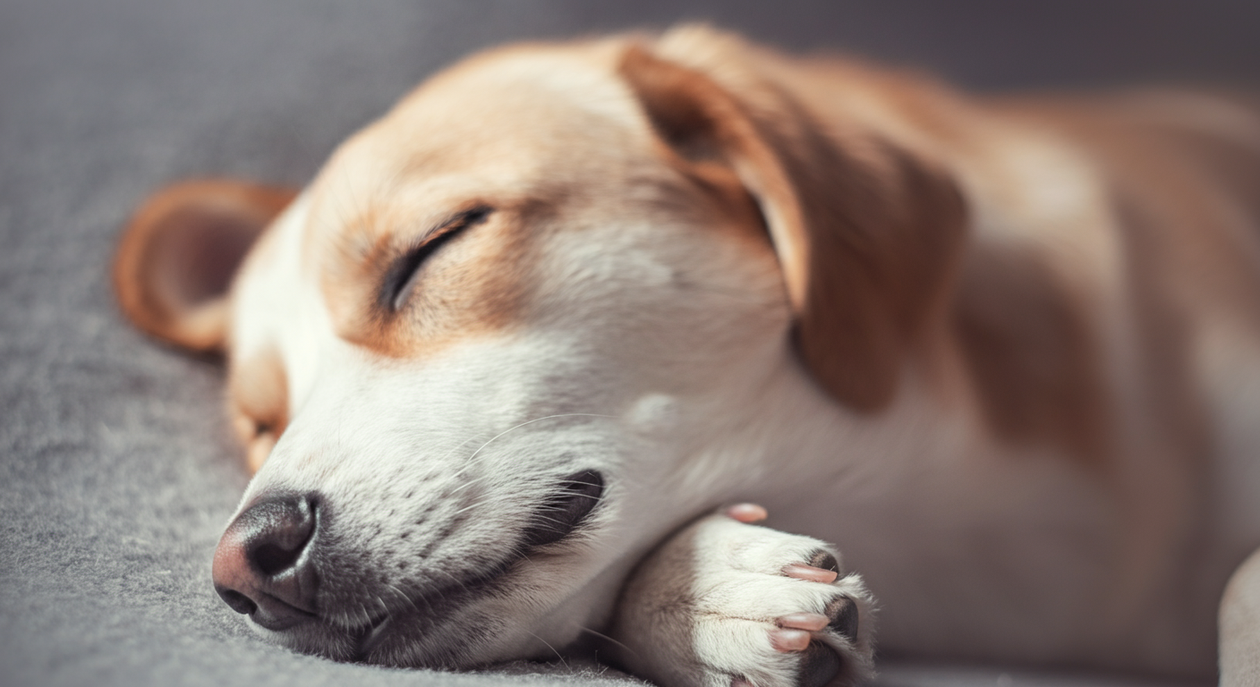 気持ちよさそうに眠っている犬の顔のクローズアップ。安らぎと休息をテーマにした、パステルカラーのミニマルな写真。