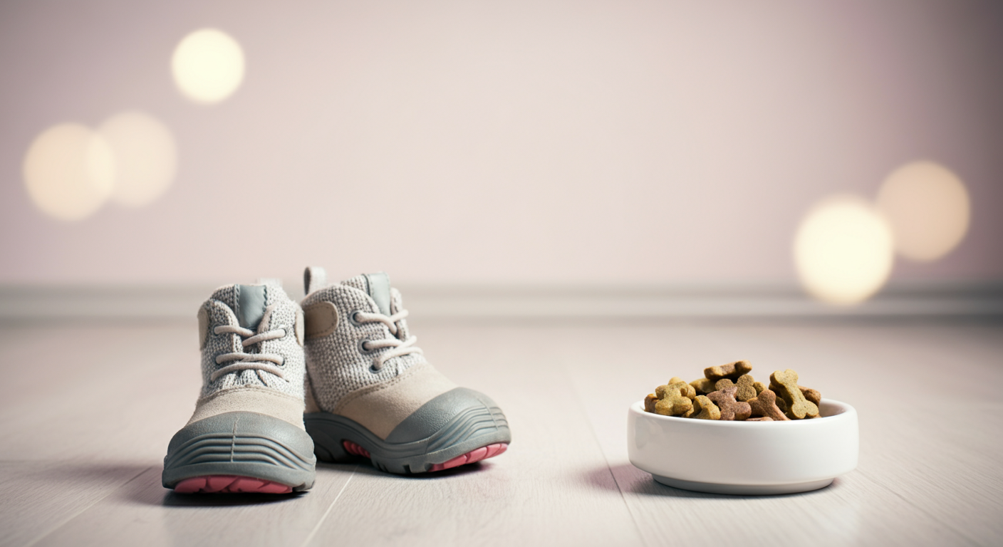 床に置かれた犬用靴とおやつの入ったお皿。