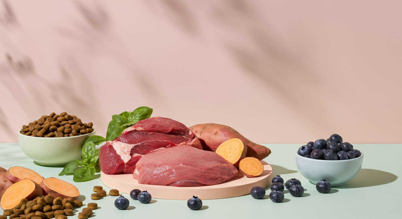 赤身肉、野菜、穀物など、犬のフードの原材料が美しく並べられた俯瞰写真。