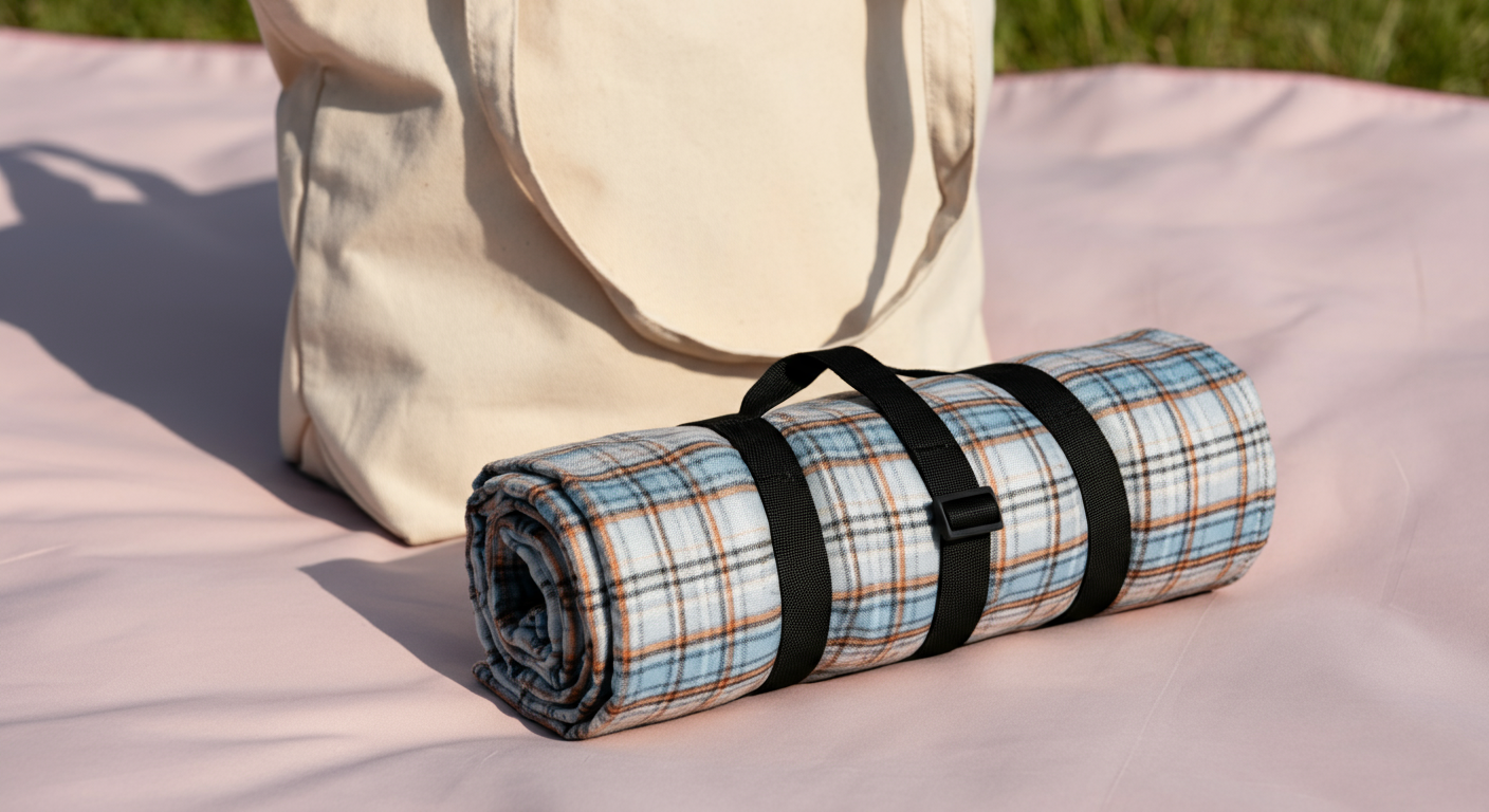 手のひらサイズにコンパクトに折り畳まれ、ベルトで固定されたレジャーシートと、おしゃれなトートバッグ。