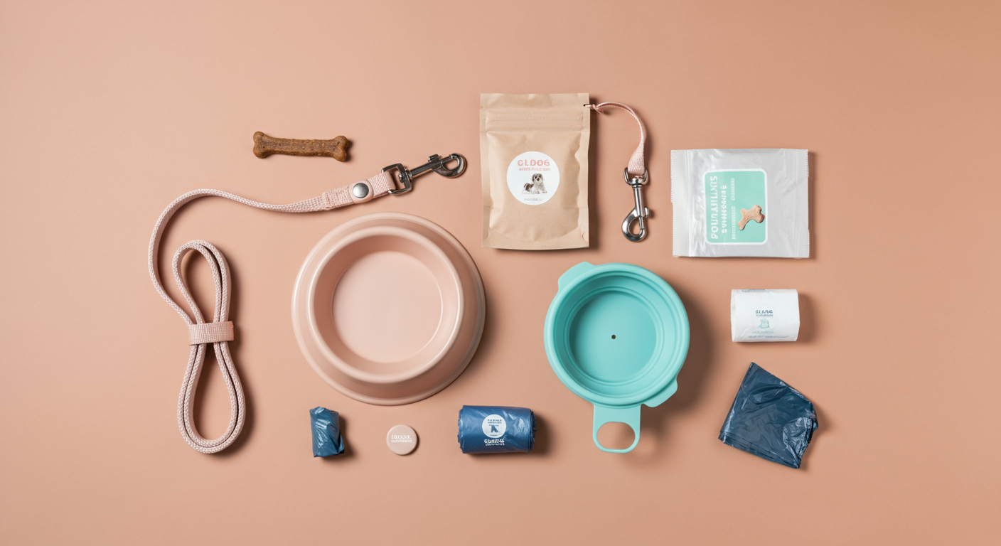 パステルカラーのリード、折り畳み式の水飲みボウル、おやつの入った袋、うんち袋がおしゃれに並べられた平置き写真
