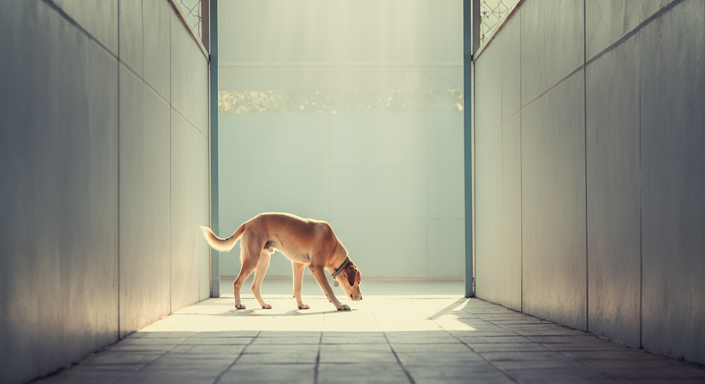 早朝の誰もいない広々としたドッグランで、一匹の犬が慎重に地面の匂いを嗅いでいる様子