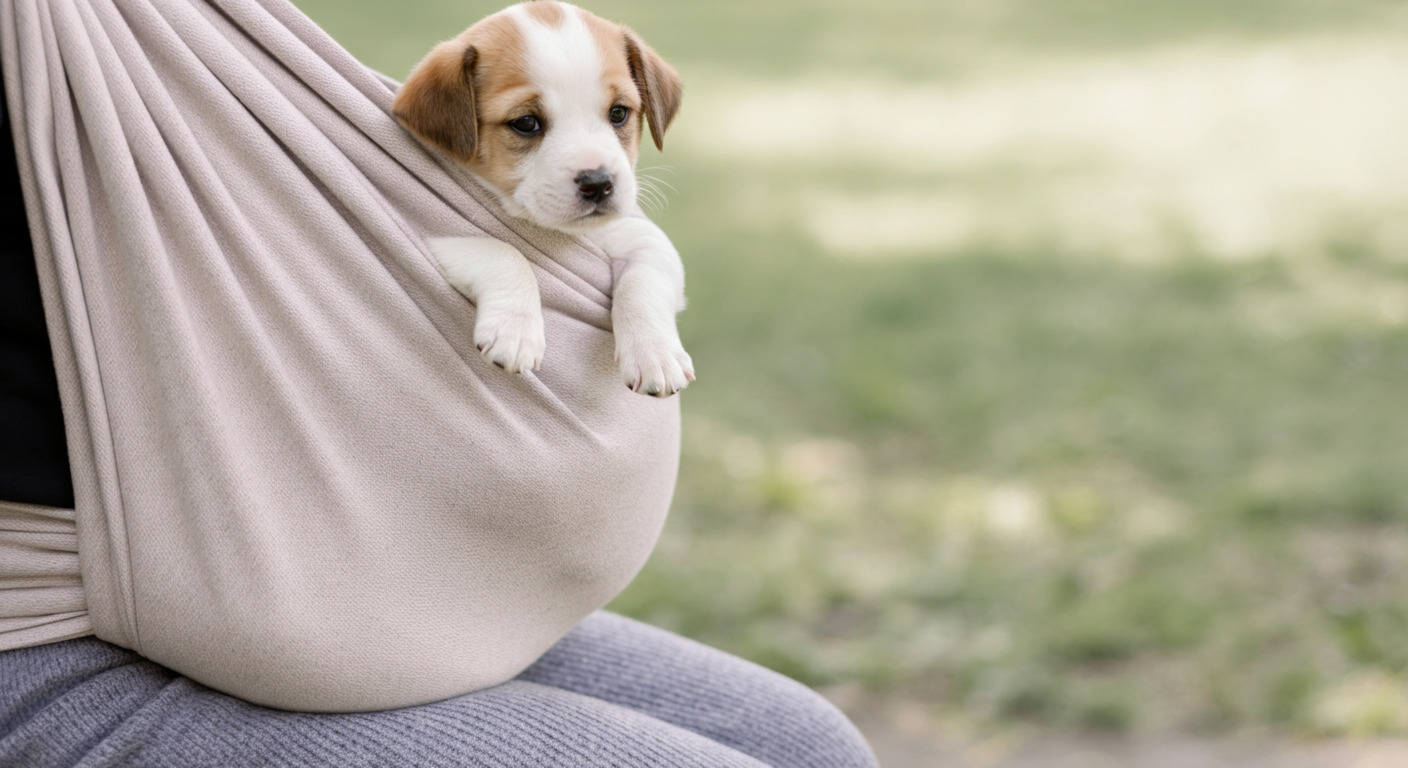 公園のベンチに座る飼い主。スリングに入った子犬の可愛らしい足先だけが見えている、遊び心のある構図の写真。