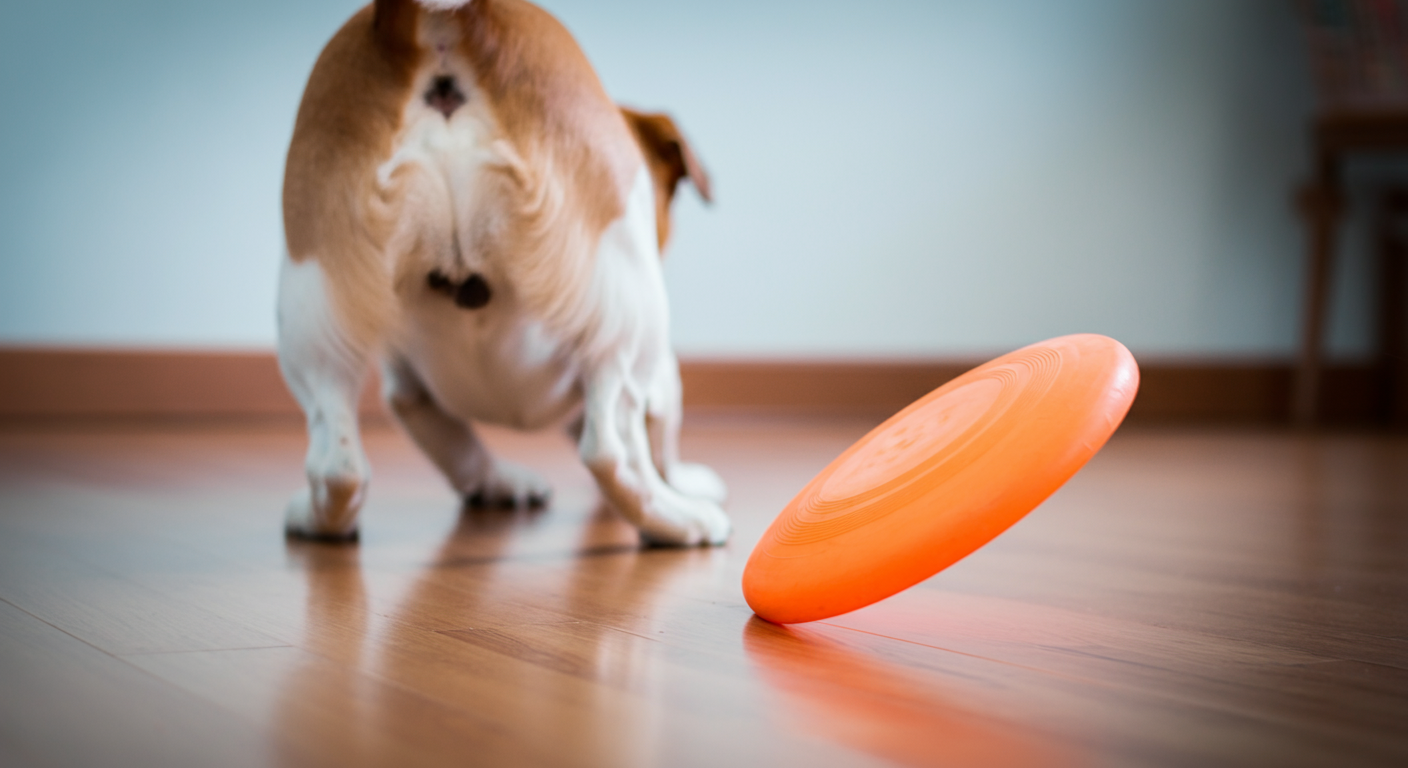 室内で、犬が床を転がるフリスビーを追いかけようと身構えている。初期のキャッチ練習の様子。