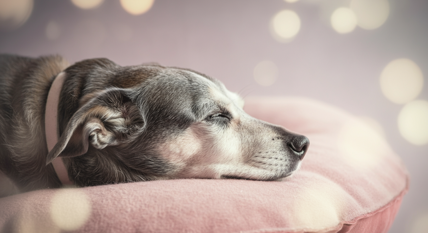 パステルカラーのクッションの上で、気持ちよさそうに眠るシニア犬の穏やかな寝顔。