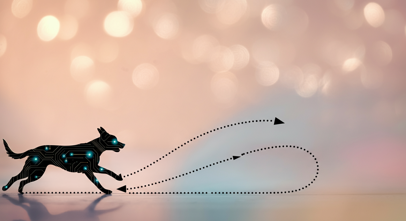 走る犬のシルエットが重ねられた、点線が実線に変わっていく様子を描いた抽象的なイメージ。