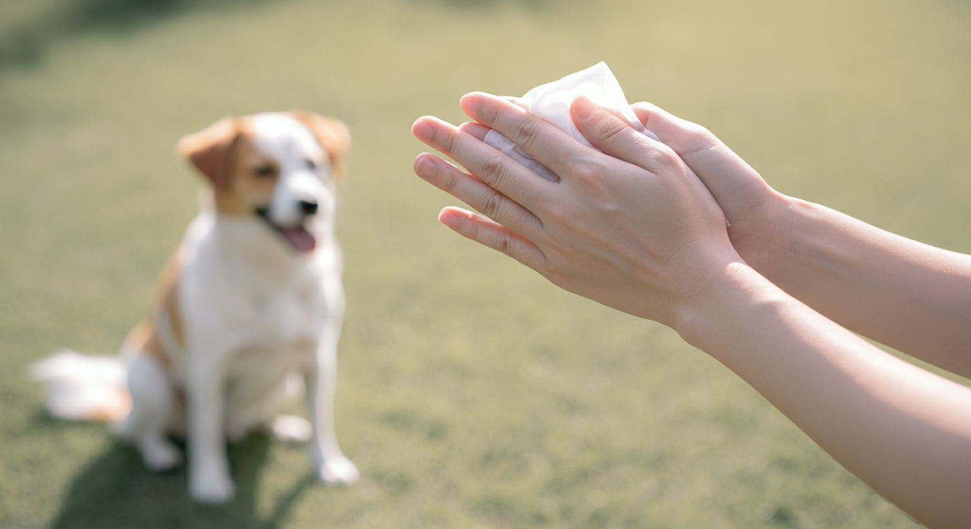 飼い主がウェットティッシュで自分の手を拭いている。背景には愛犬がぼんやりと写っている。