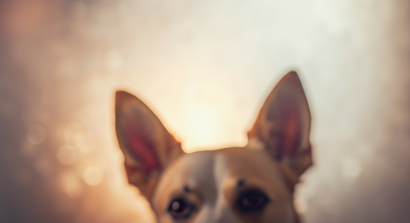 すりガラスを通して、柔らかく拡散した暖かい色の光が犬の耳のシルエットを照らしている抽象的な写真
