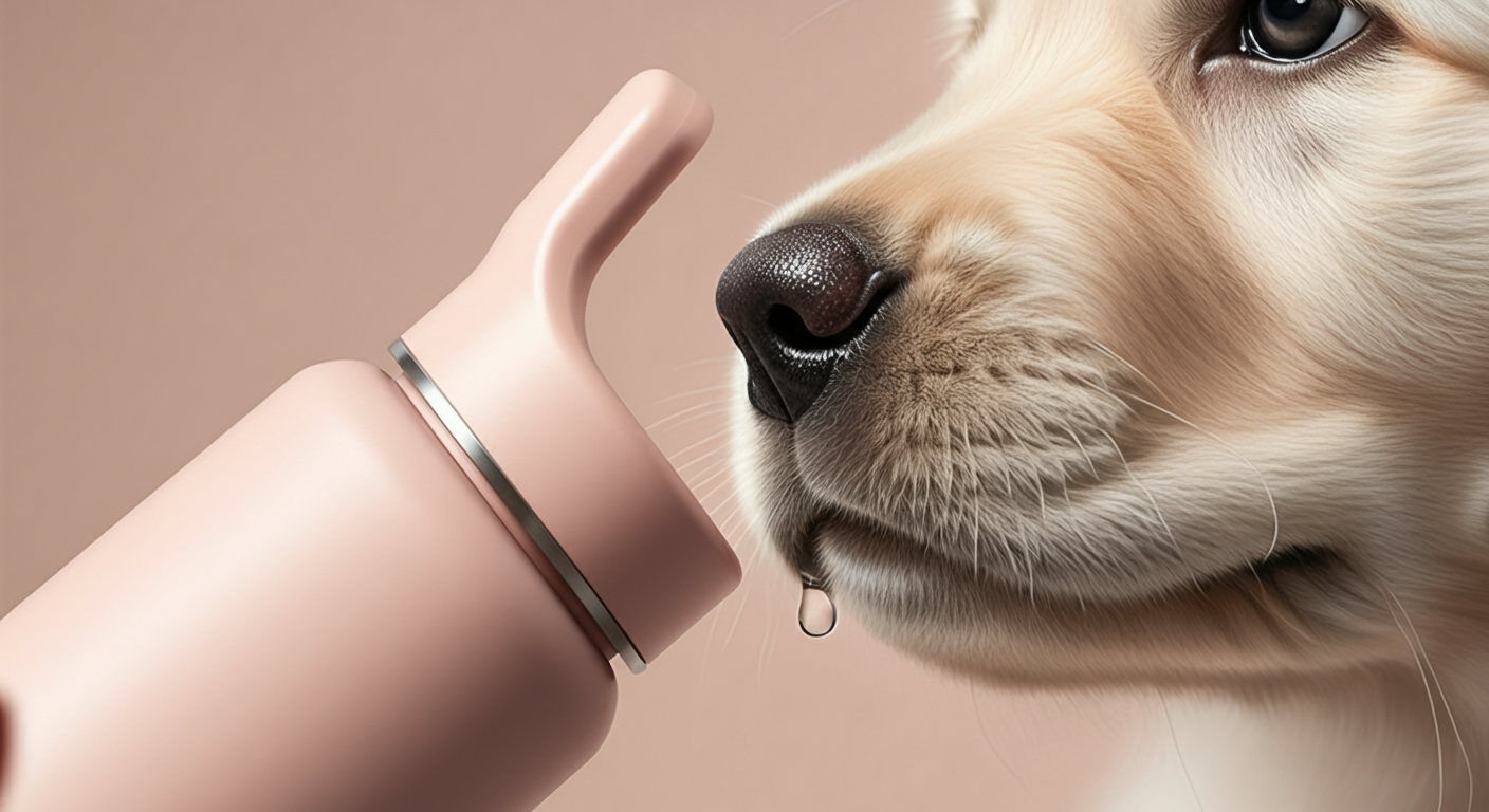 パステルピンクの給水ボトルの先端に鼻を寄せる子犬のクローズアップ。水滴に焦点が合っている。
