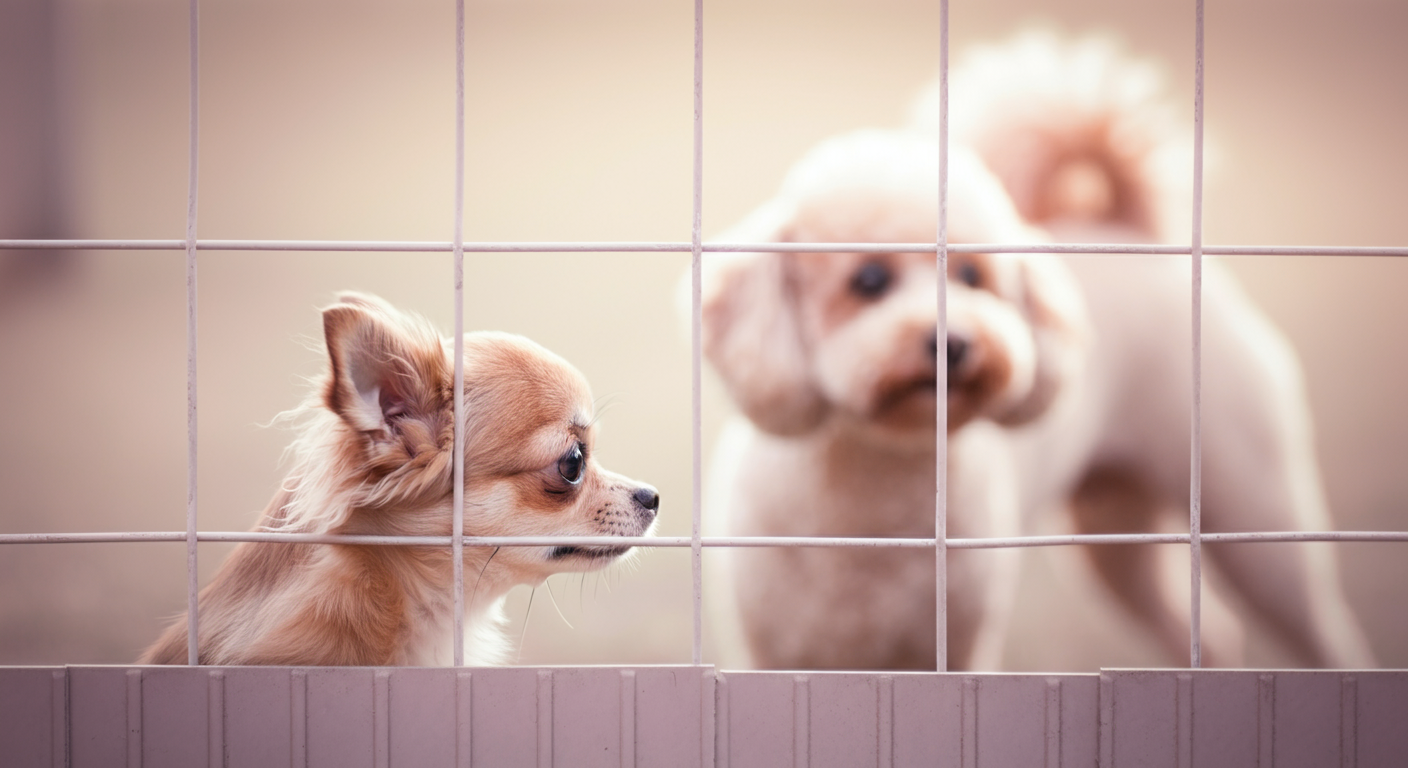 小型犬がフェンスの下の方から、向こう側を興味深そうに覗き込んでいる横顔。