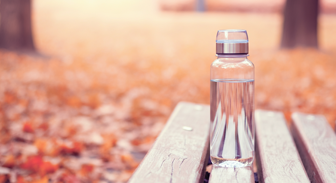 落ち葉に囲まれたベンチに置かれた標準サイズの給水ボトル