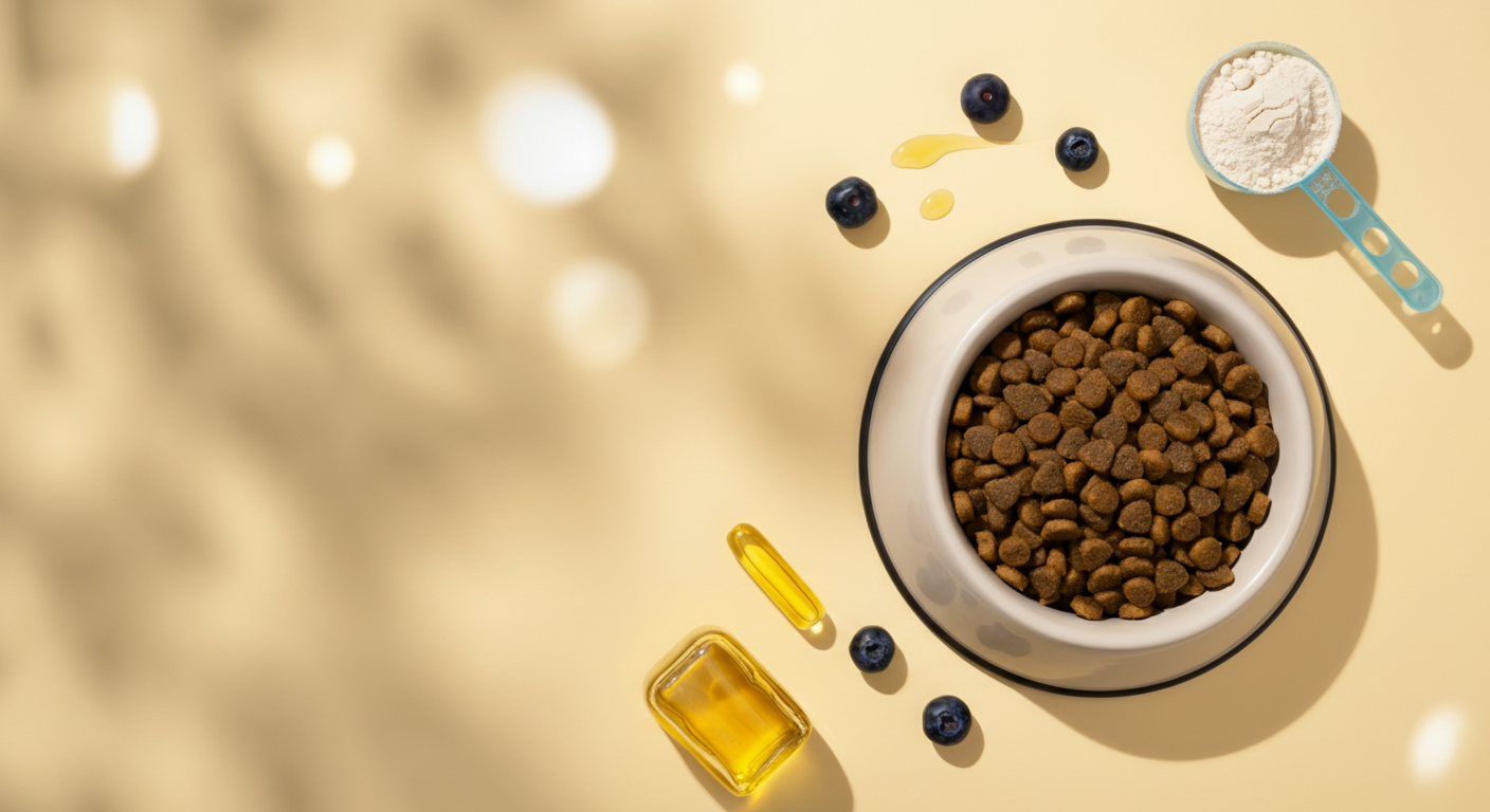 ドッグフード、コラーゲンパウダー、サーモンオイル、ブルーベリーが美しく配置された犬の食事の俯瞰写真。
