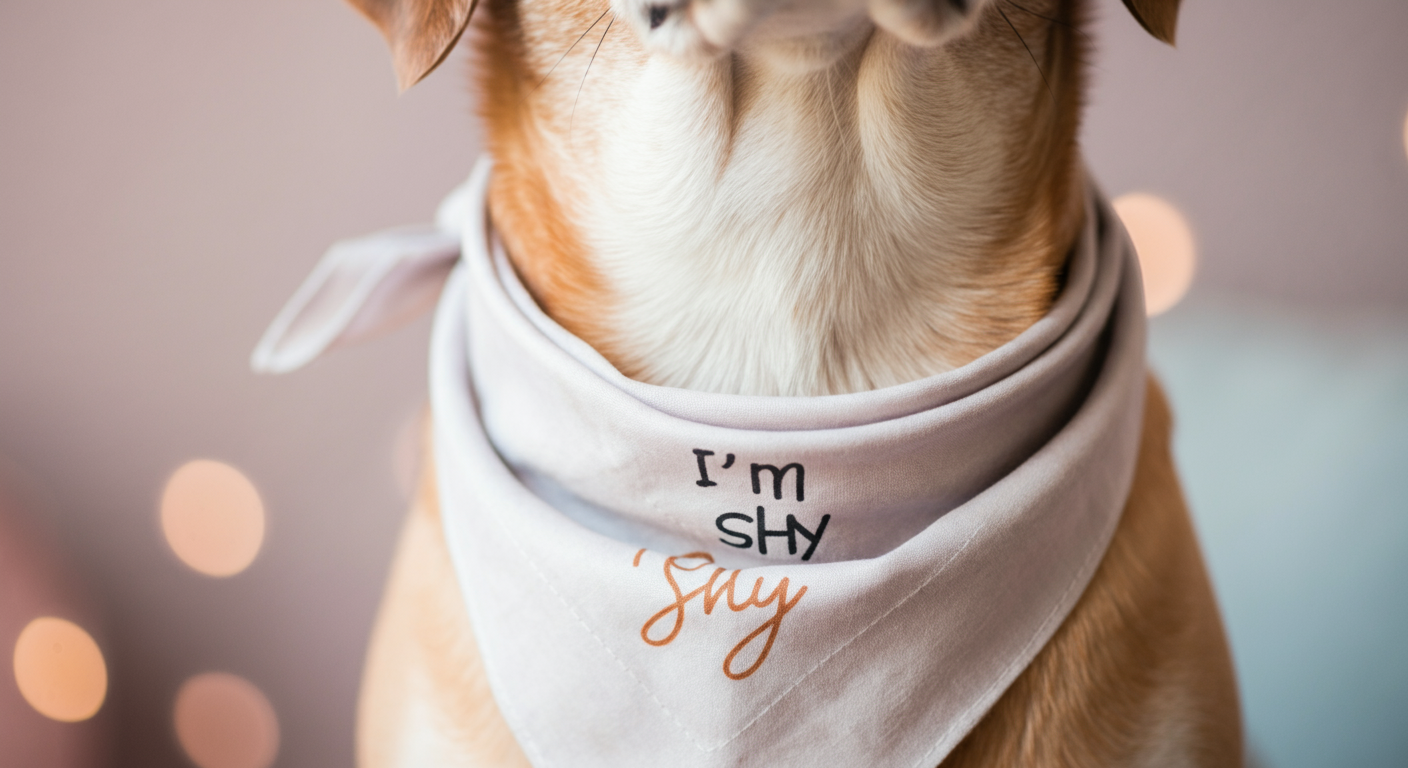 「I'm Shy」と書かれたお洒落なバンダナを巻いた犬の首元のクローズアップ。パステルカラーのミニマルな写真。