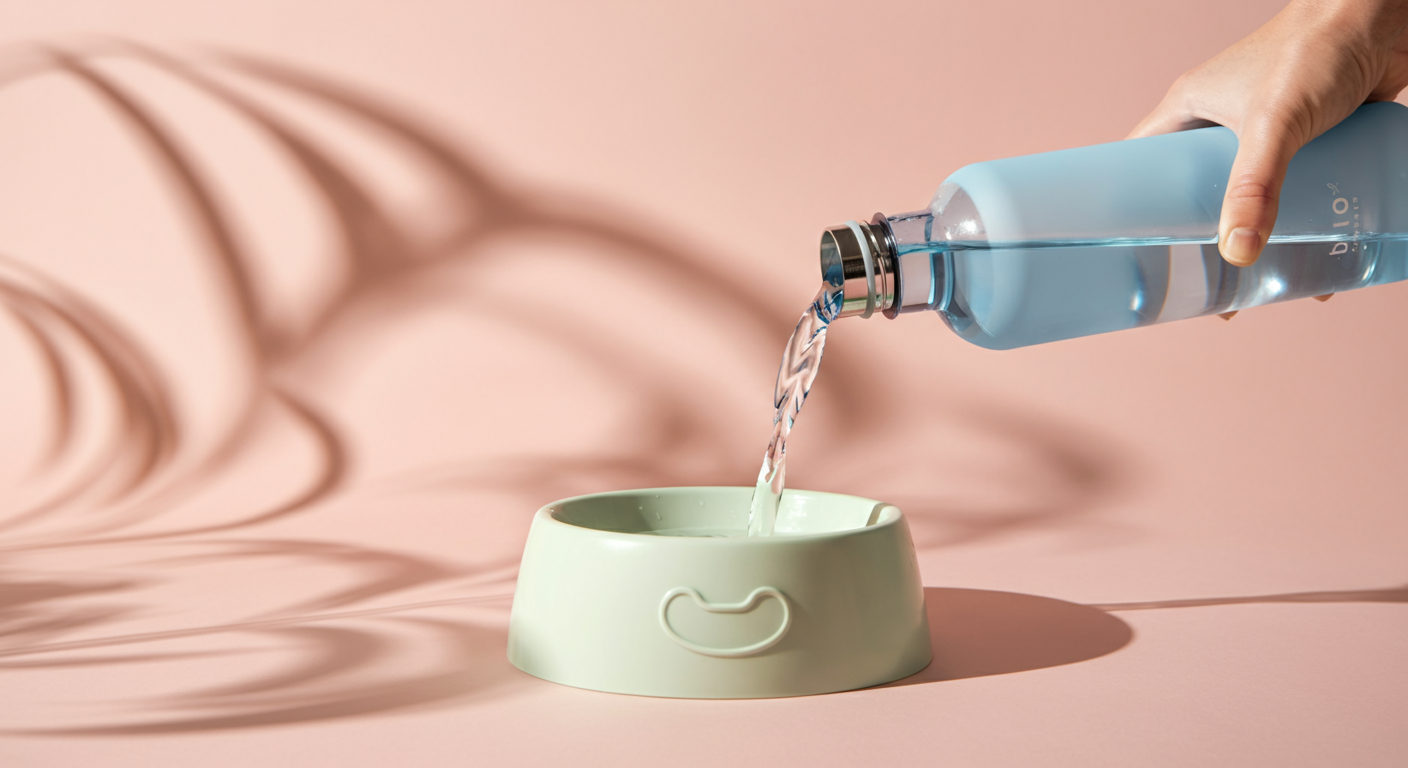 おしゃれな水筒から清潔なパステルカラーのドッグボウルへ、新鮮で透明な水を注いでいる写真。水の純粋さを強調している。