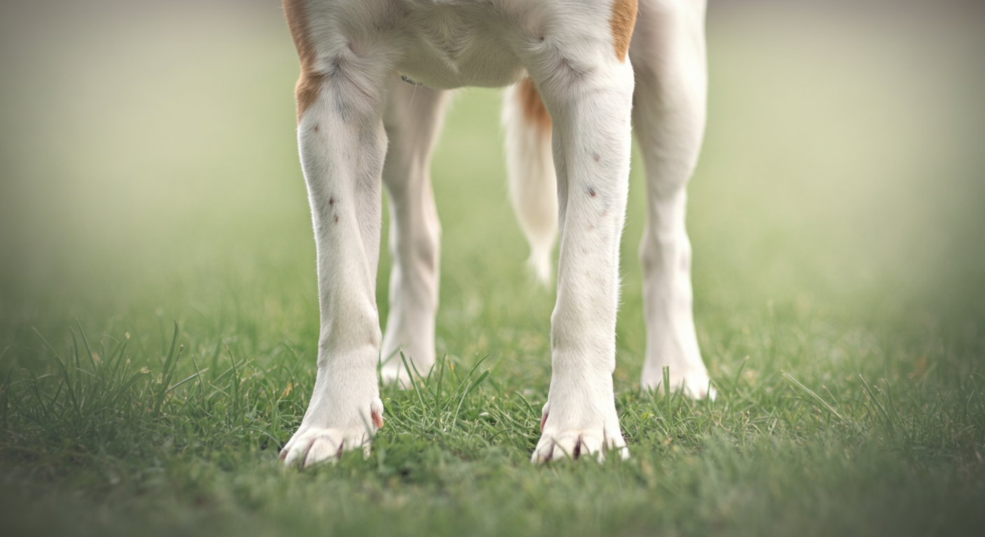緑の芝生の上に立つ犬の足元を写した抽象的な写真。背景はぼかされている。