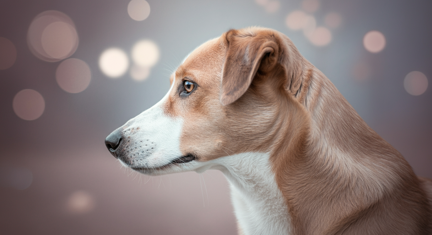 柔らかな光の中、犬の横顔を捉えた写真。片耳だけが遠くの音を聞くようにぴんと立っている。