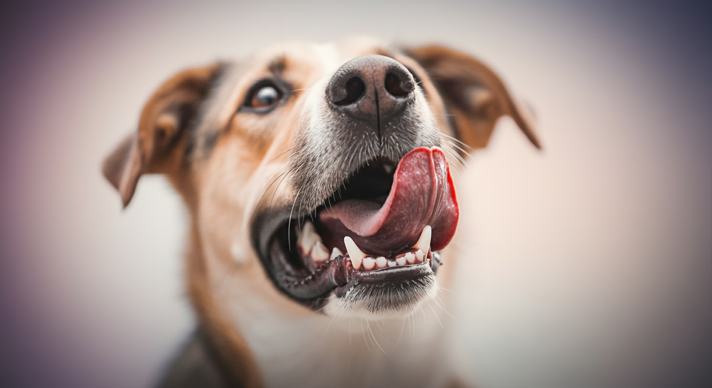 家の中でハアハアと息を切らしている犬の口元のアップ。遊びの後の興奮が残っている様子。