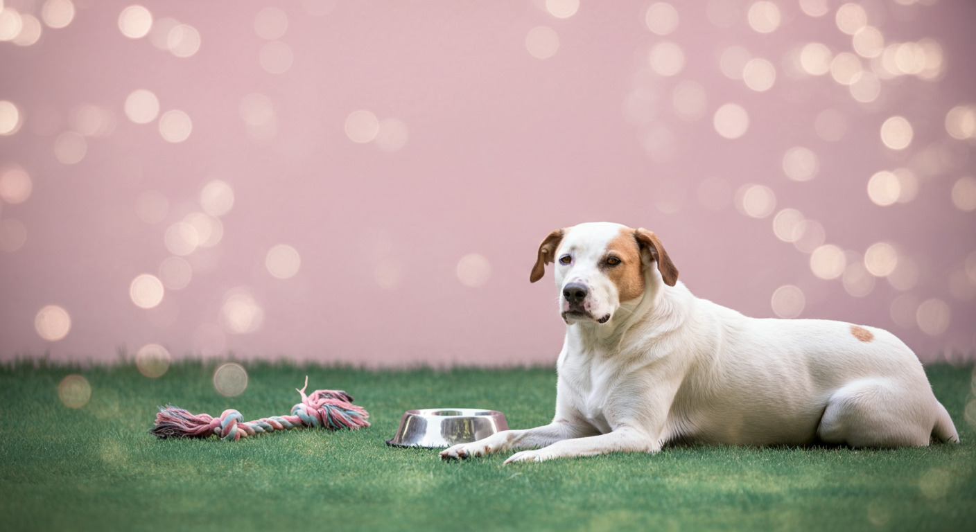 ドッグランの木陰で、水飲みボウルの横でリラックスして伏せている犬。