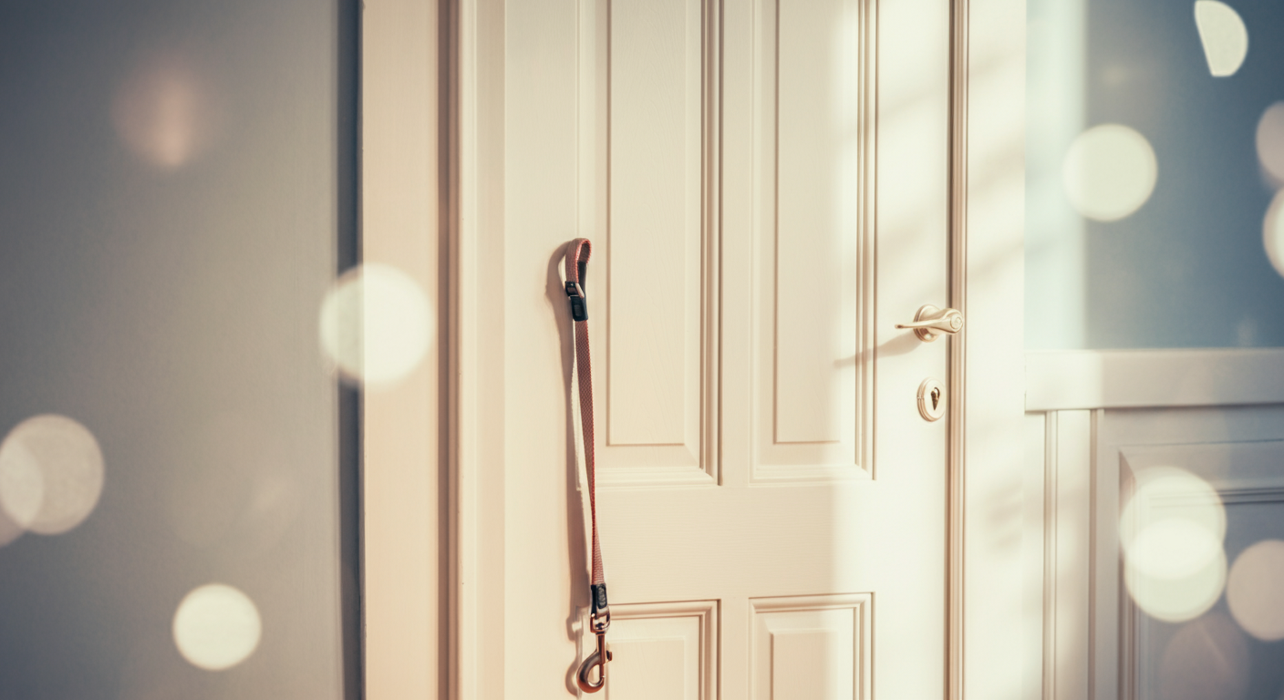 玄関のドアの横にかけられたリード。楽しいお散歩の終わりを告げる穏やかな光が差し込んでいる。