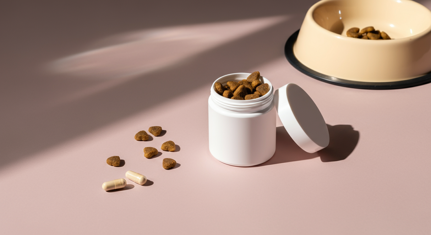 パステルカラーの背景で、犬のフードボウルの隣にサプリメント容器が置かれているミニマルな写真。一筋の光がフードを照らしている。