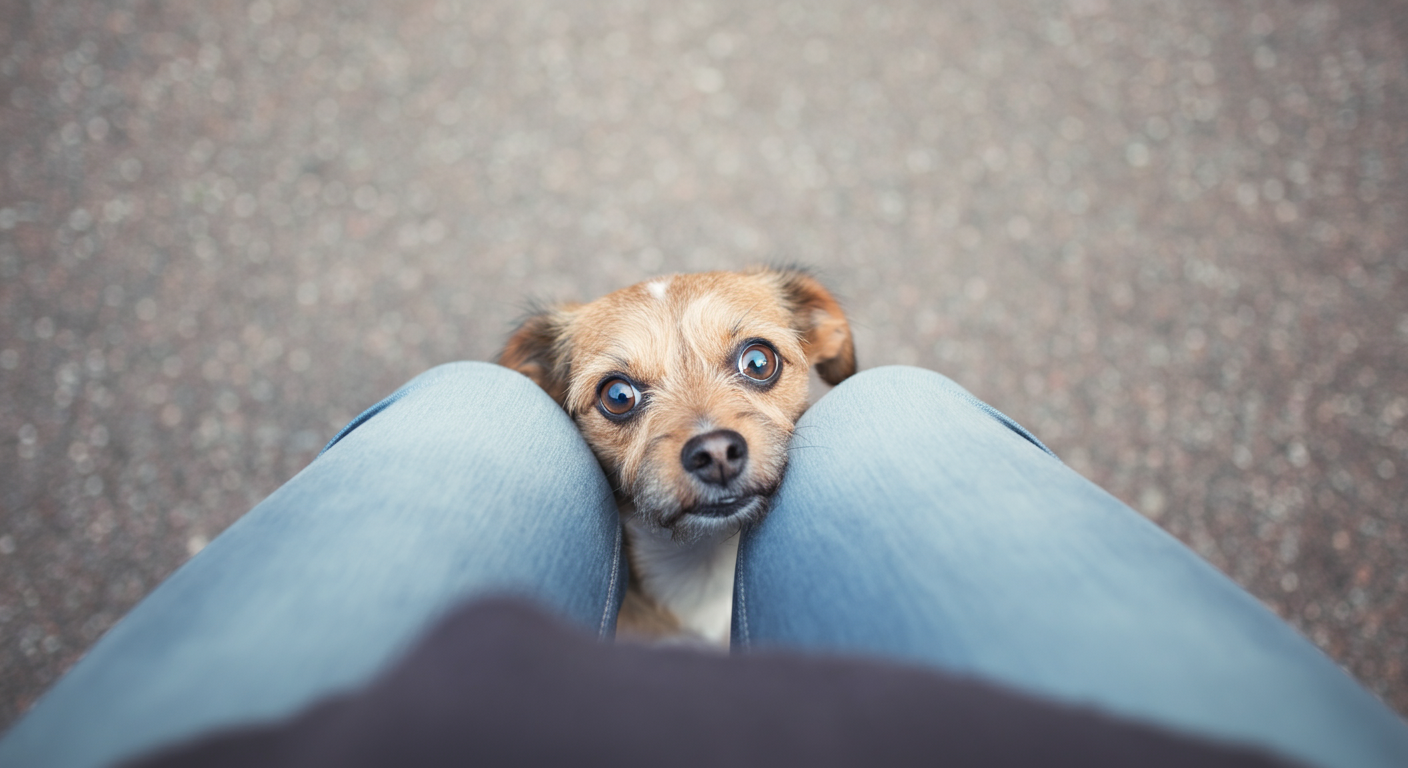 飼い主の足元に隠れるように寄り添い、不安げな表情で上を見上げている小型犬の顔のクローズアップ。