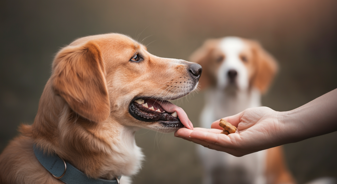 飼い主の手が持っているおやつのクローズアップ。背景には遠くに他の犬がぼやけて写っている。