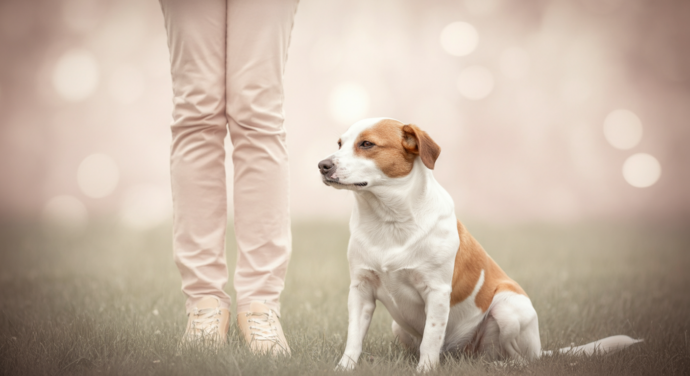 飼い主の隣でリードをつけられ、落ち着いてクールダウンしている犬