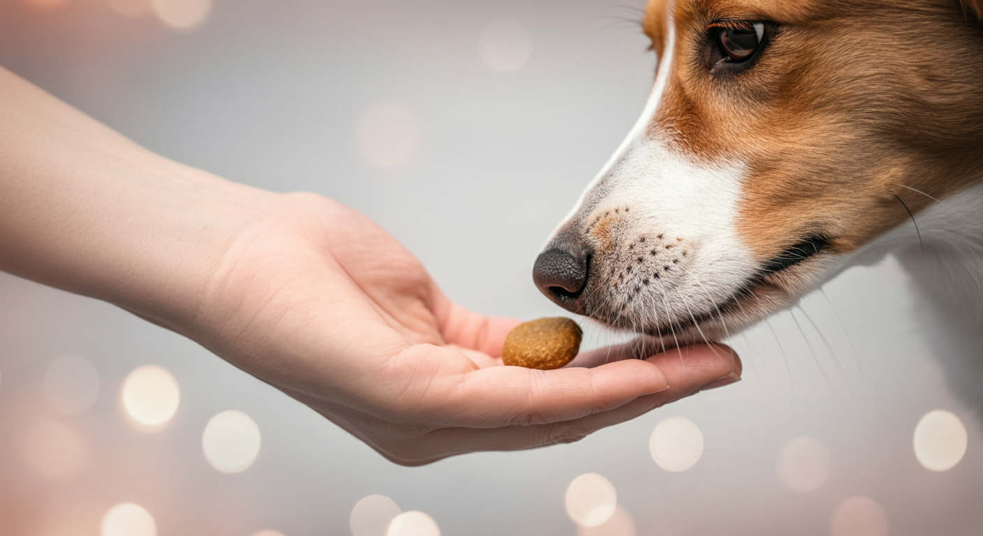 飼い主の手から、一匹の犬が優しくおやつを受け取ろうとしている瞬間