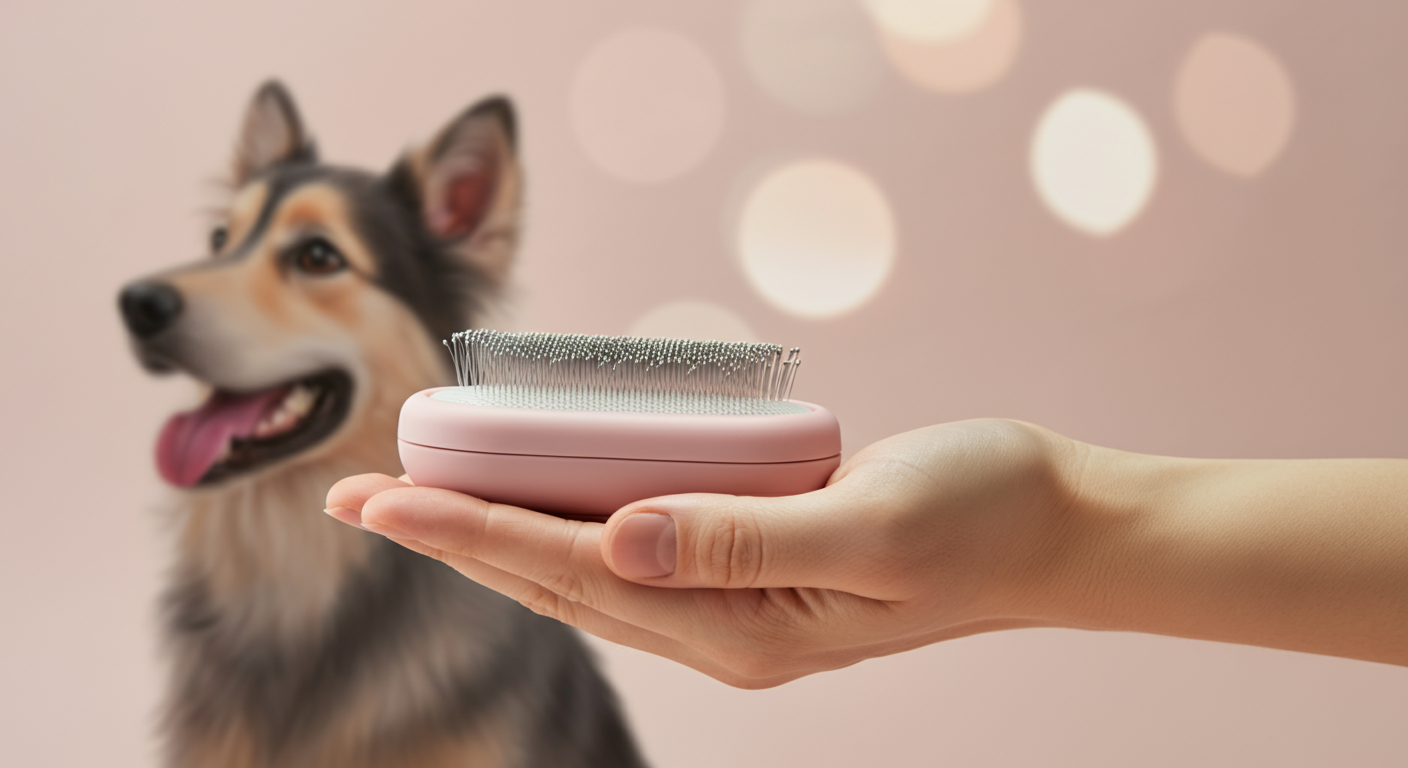 人の手に収まるコンパクトなドッグブラシと、背景にぼやけて写る犬