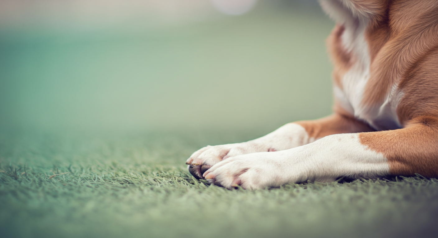 ドッグランの隅で落ち着いている犬の足元