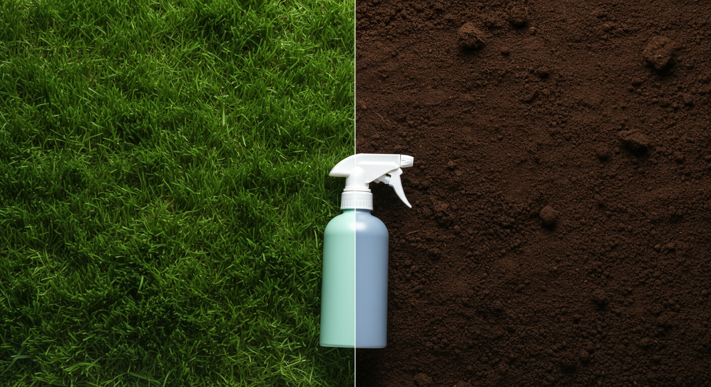 画面が左右に分かれ、左が緑の芝生、右が黒い土の質感を見せている。その境界線上にスタイリッシュなスプレーボトルが置かれている。