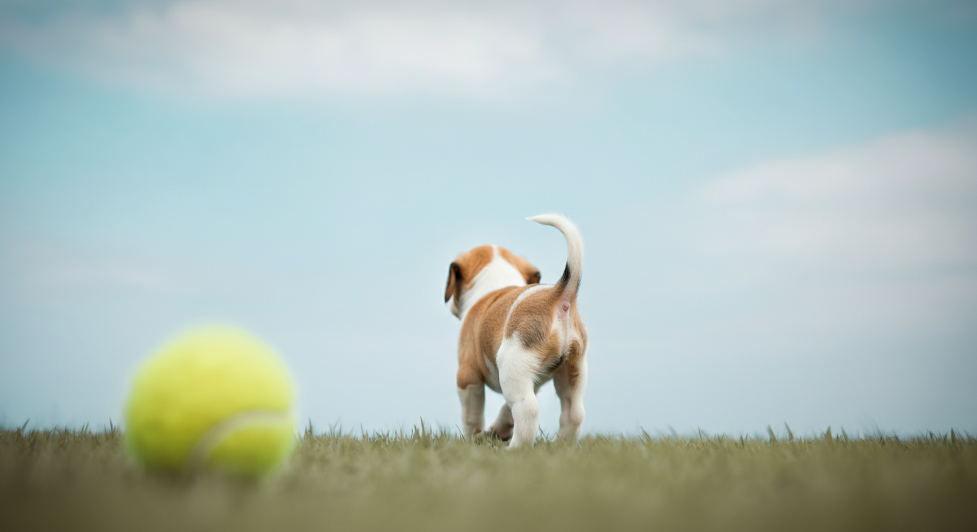 パステルカラーの青空を背景に、子犬の尻尾が元気に揺れている動きをモーションブラーで捉えた写真。手前にはテニスボールが見える。