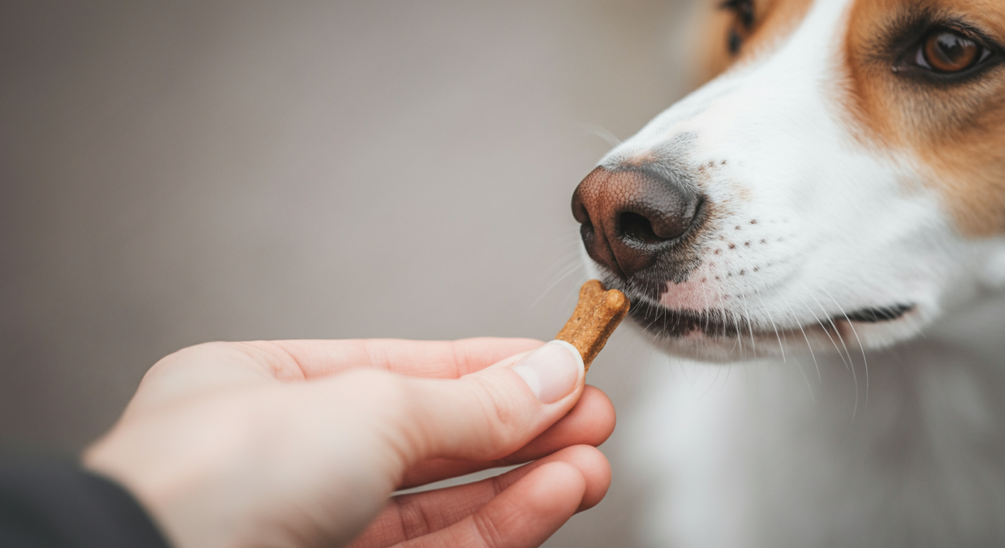 飼い主の手からおやつをもらおうとしている犬の鼻先のクローズアップ