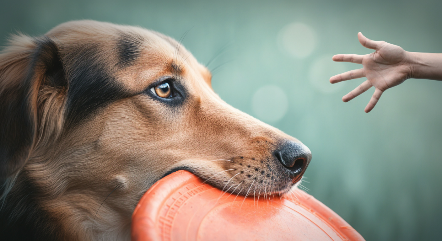 フリスビーを咥えて、飼い主の指示を待っている犬の瞳のアップ写真。