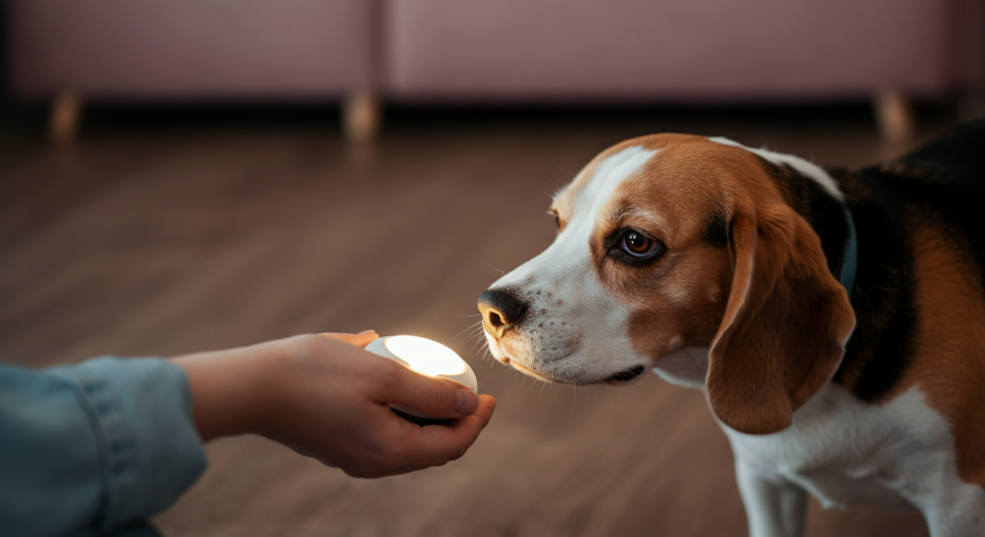 人の手が光っていない犬用ライトを差し出し、ビーグル犬が興味深そうに匂いを嗅いでいる
