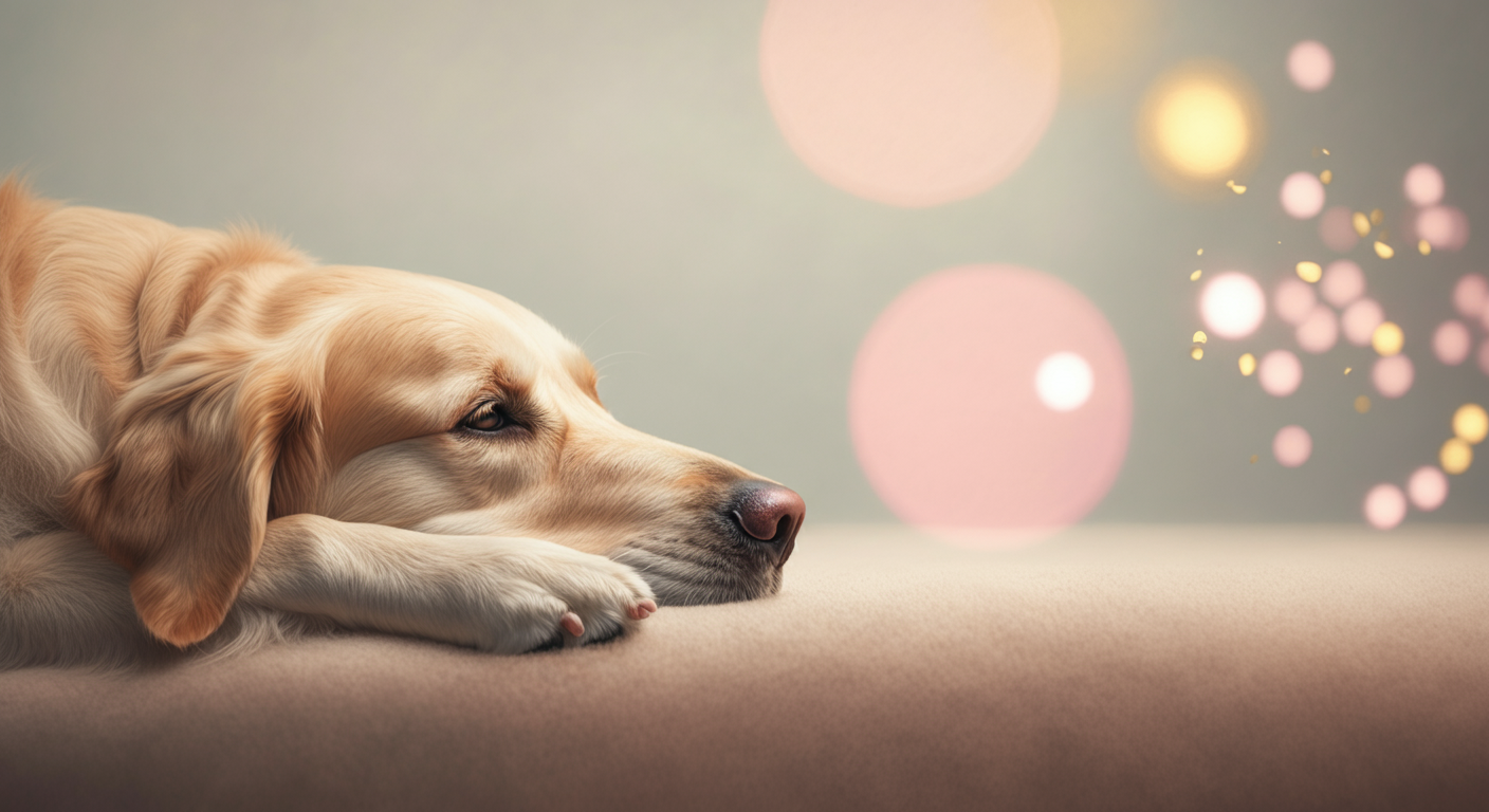 穏やかな表情で休む犬の周りに、パステルカラーの光の粒子が浮かんでいる抽象的な写真。