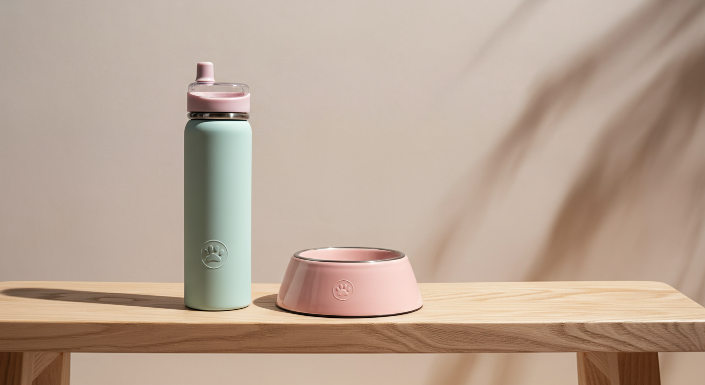 おしゃれな犬用の水筒とボウルがベンチの上に置かれている写真。