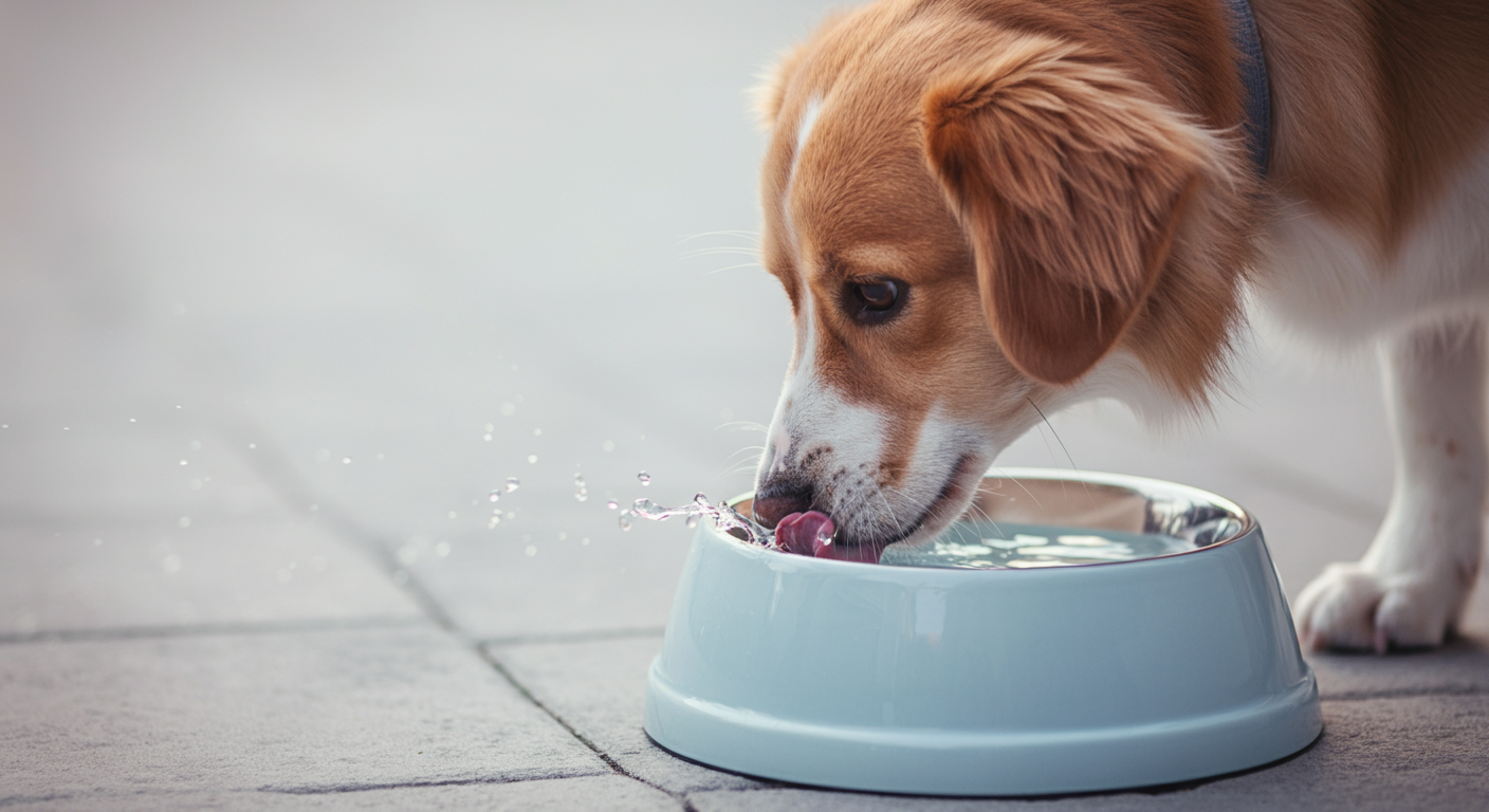 パステルカラーの水入れから水を飲む犬の口元のローアングルショット