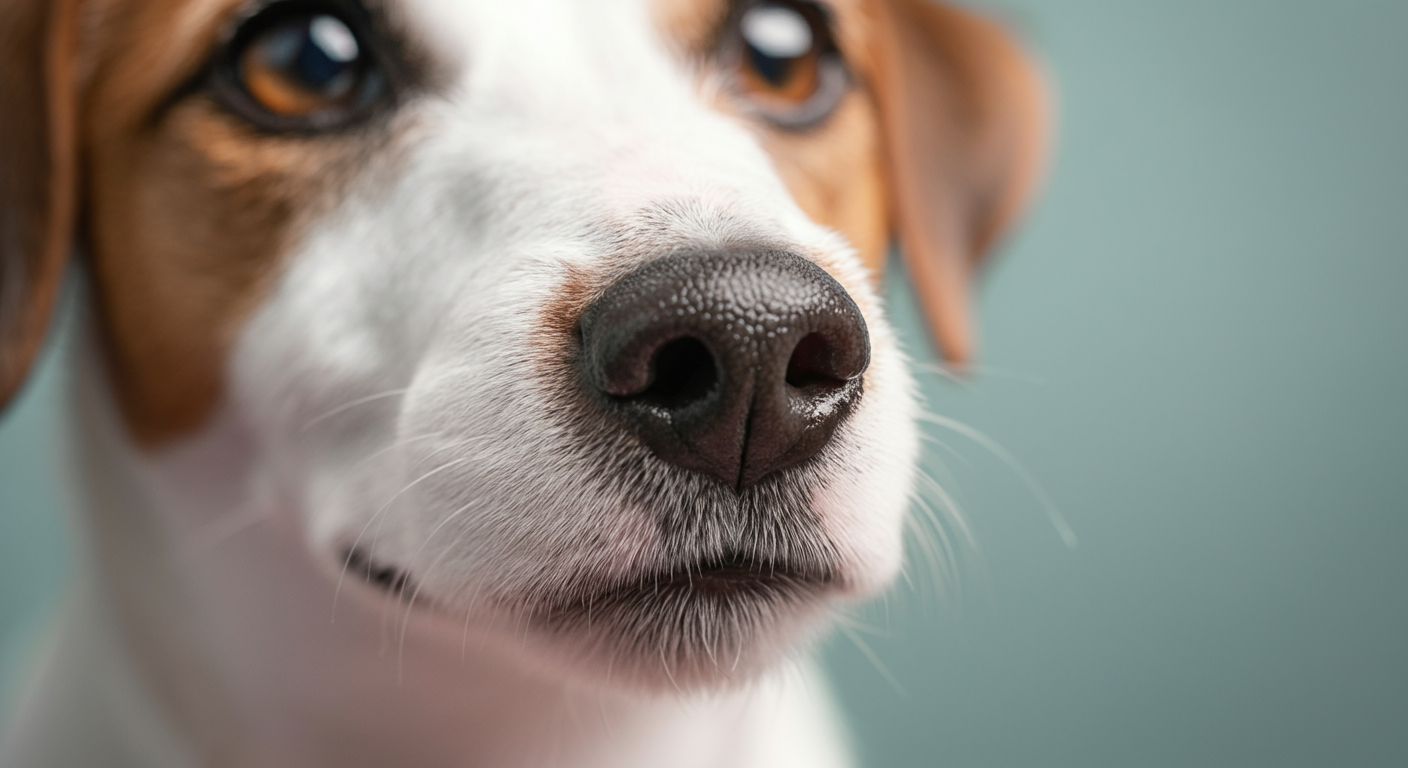 ジャックラッセルテリアの濡れた鼻を極端なクローズアップで撮影。犬の優れた嗅覚を強調している。